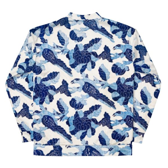 Bird And Flower Pattern Blue White Motif Bomber Jackets. - Picture 6 of 6